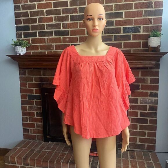 Terra & Sky Women’s‎ Plus Size 0X 14W Coral Orange Square Neck Blouse Ruffle New - Picture 1 of 16